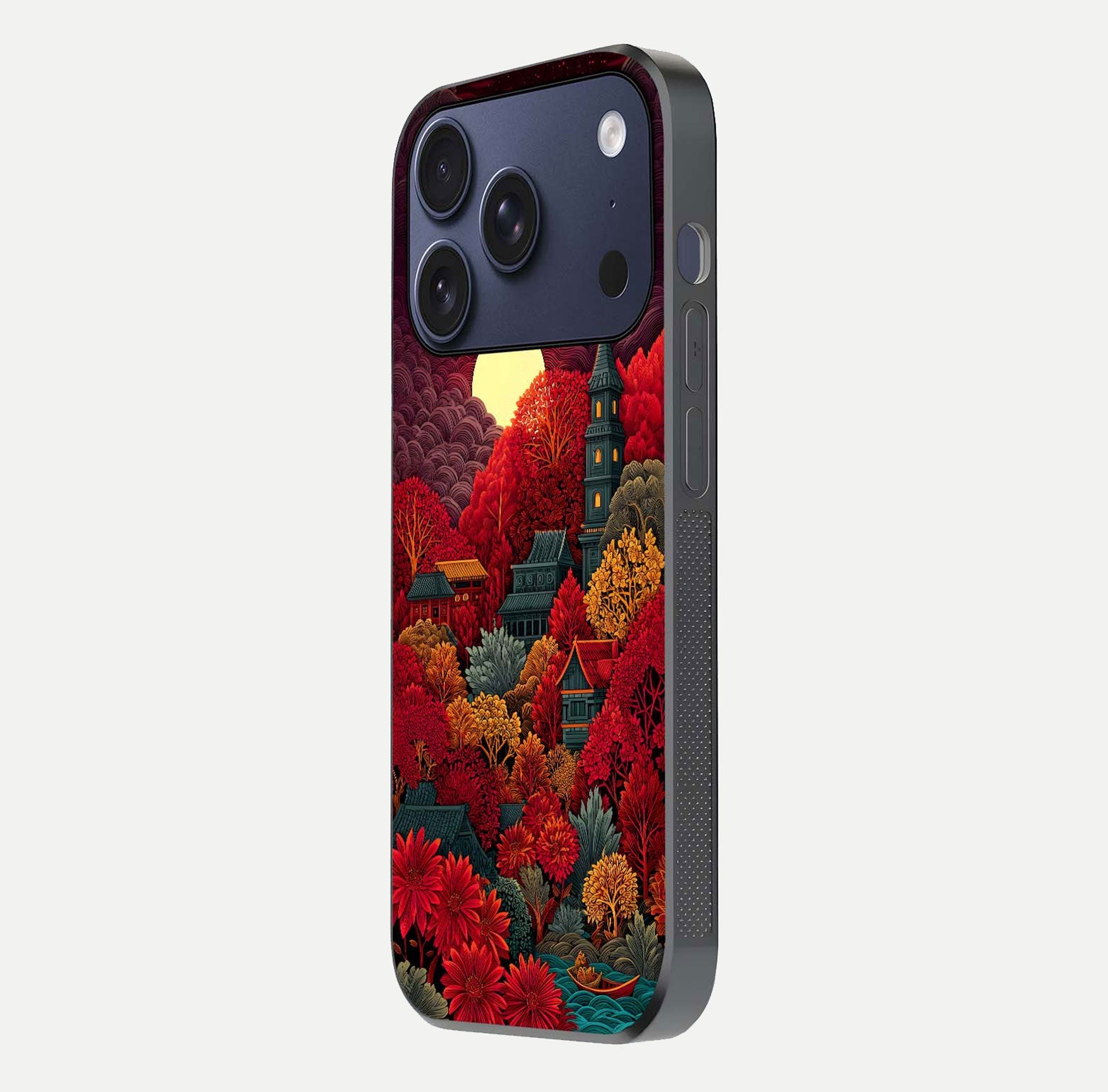 Scarlet Autumn Temple Glass Case for iPhone 17 Pro side-angle image showing color depth and reflection clarity