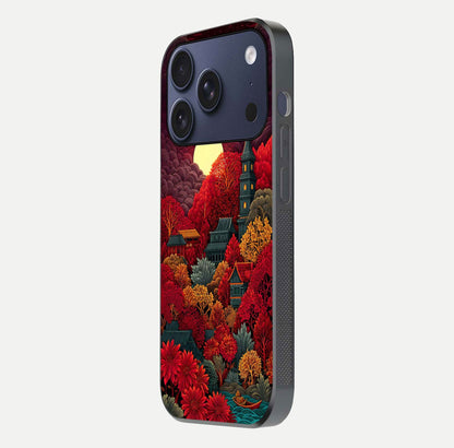 Scarlet Autumn Temple Glass Case for iPhone 17 Pro side-angle image showing color depth and reflection clarity
