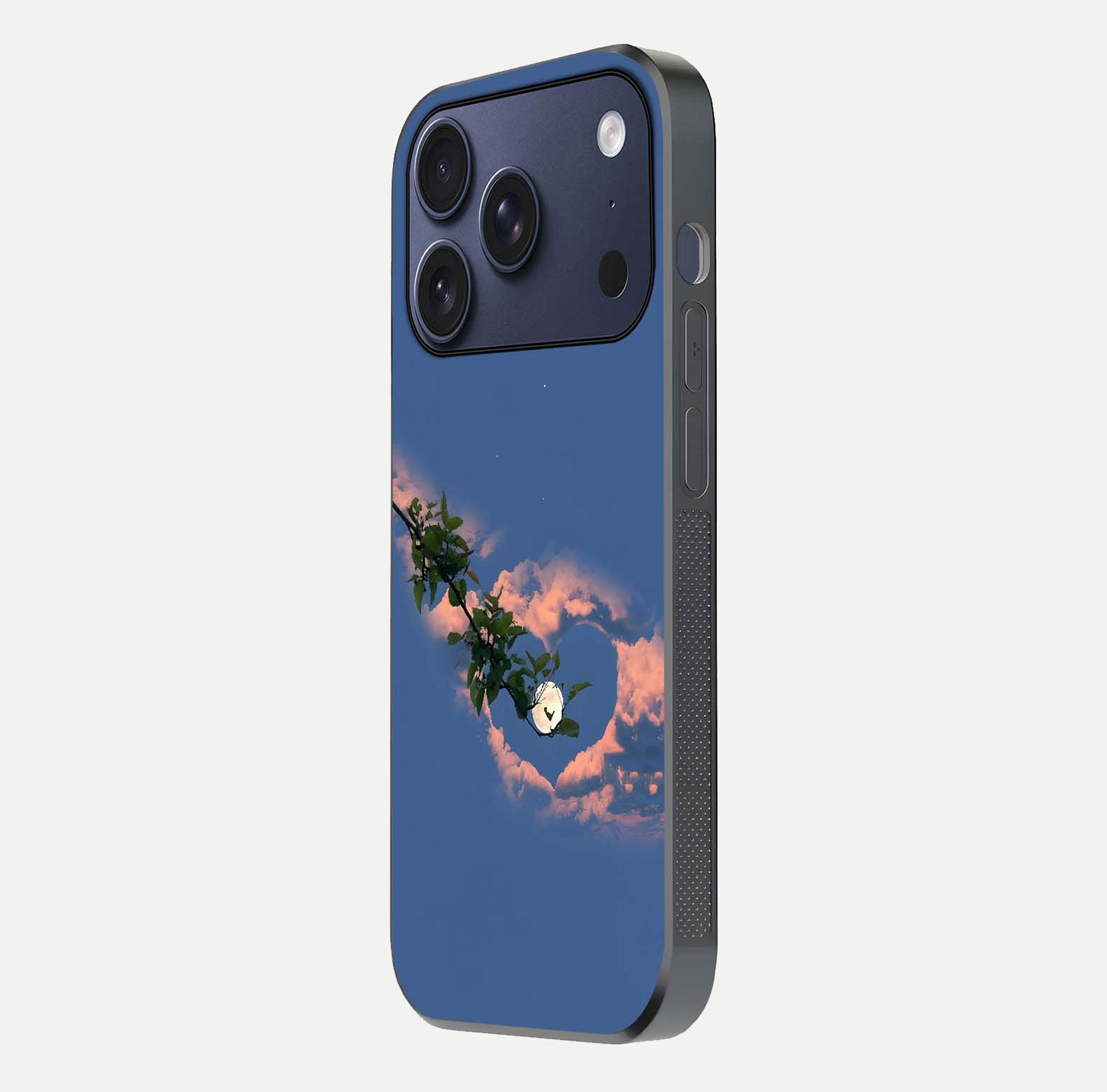 Sky Under Tree Glass Case for iPhone 17 Pro side-angle image showing shine, edge texture, and scenic detail