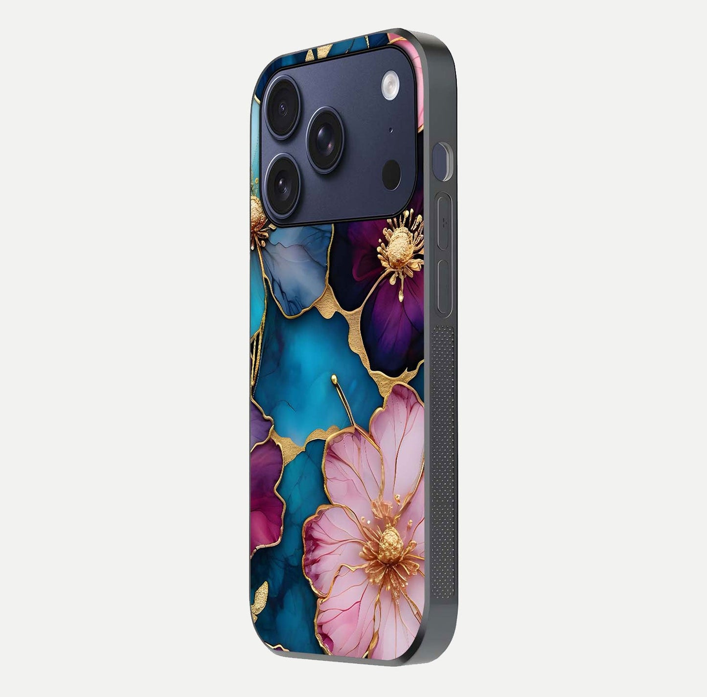 Sparkle Floral Glass Case for iPhone 16 Pro side-angle image showing reflection, gloss, and floral texture