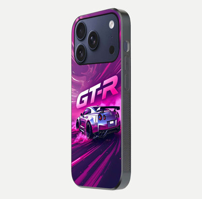 Speed Drift Legend Glass Case for iPhone 17 Pro side-angle image showing car print reflection and surface gloss