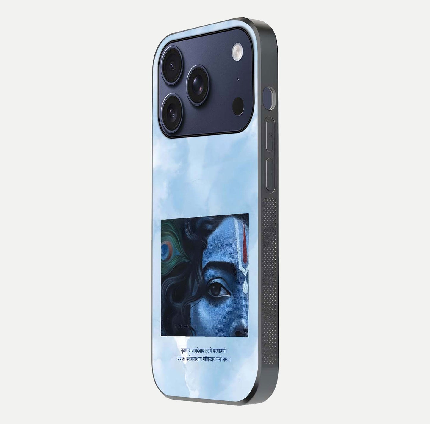 Spiritual Krishna Glass Case for iPhone 17 Pro side-angle image showing reflection and vivid artwork clarity