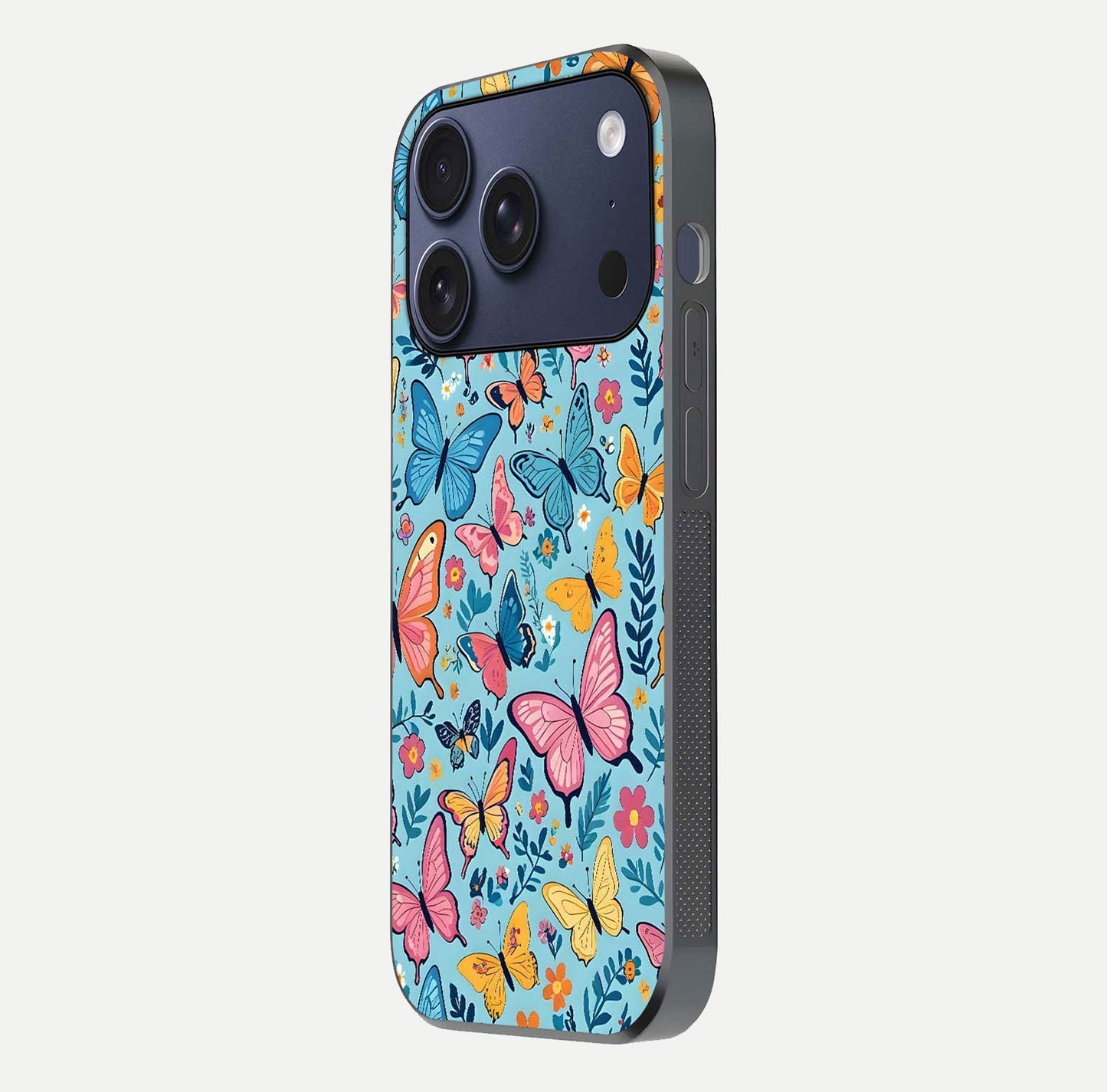 Spring Wing Garden Glass Case for iPhone 16 Pro side-angle image showing shine, color, and pattern depth