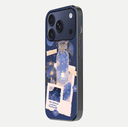 Starlit Cosmic Jar Glass Case for iPhone 17 Pro side-angle image showing glow, texture, and light reflection