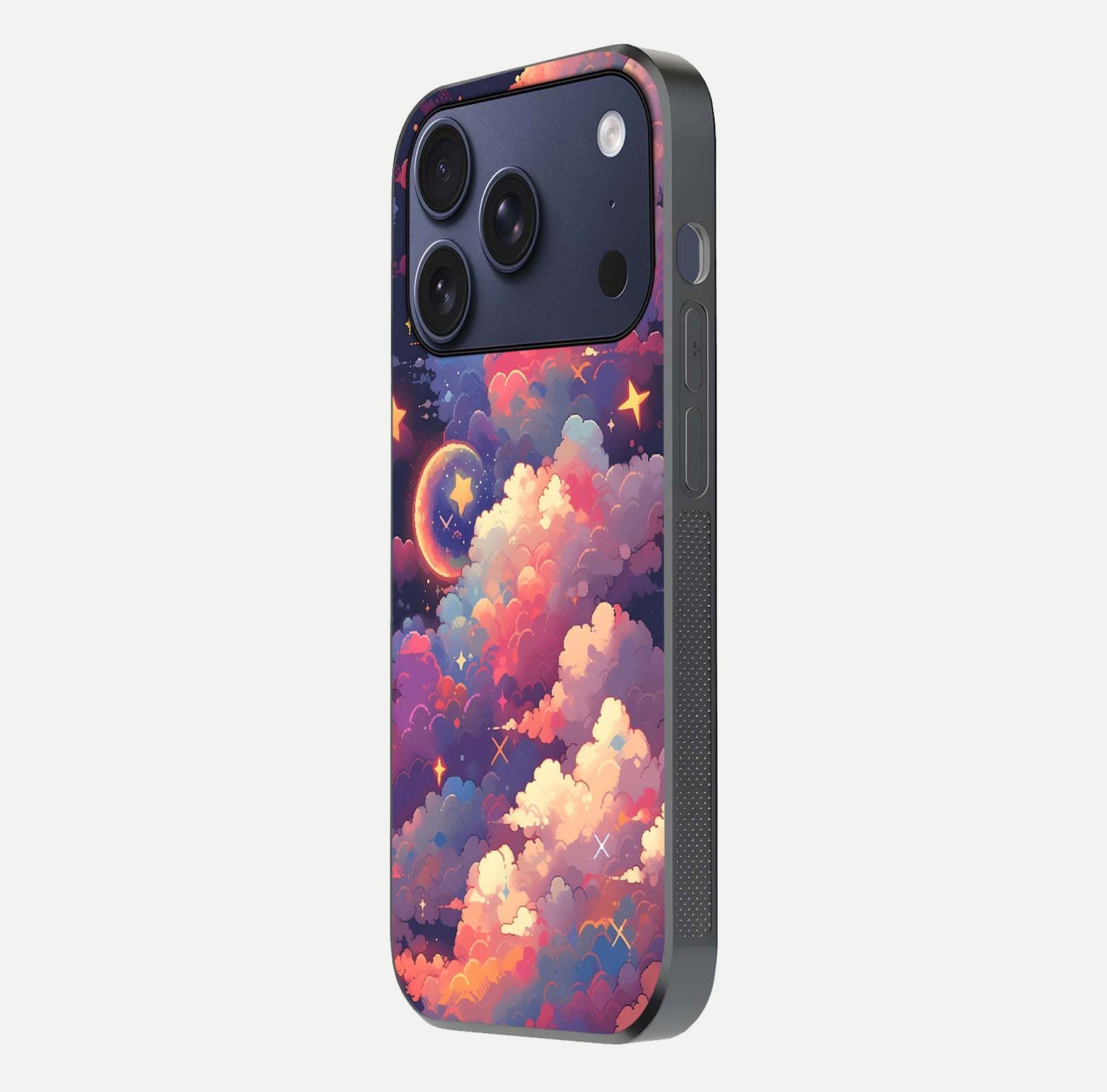 Starlit Dream Clouds Glass Case for iPhone 17 Pro side-angle image showing shine, reflection, and dreamy tones