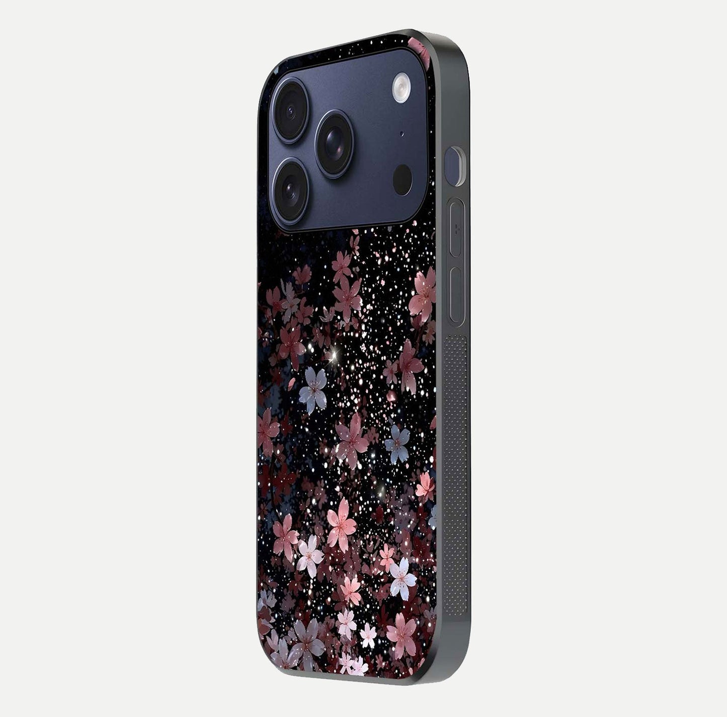 Starlit Flower Dreams Glass Case for iPhone 17 Pro side-angle image showing shine, edge detail, and floral contrast
