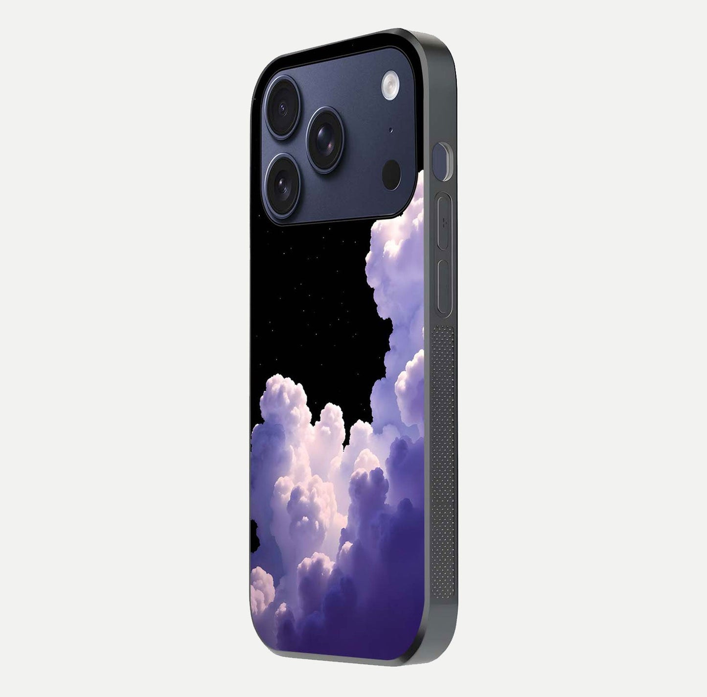 Starlit Night Whispers Glass Case for iPhone 17 Pro side-angle image showing reflection and night pattern shine