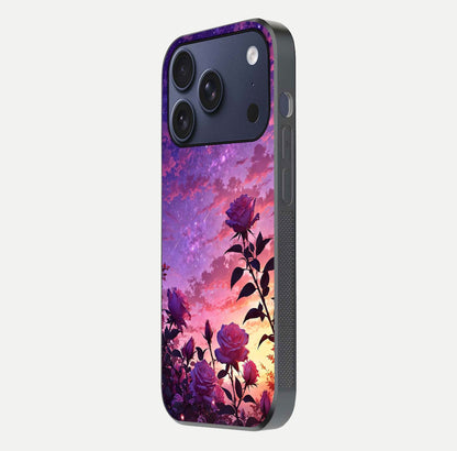 Starlit Rose Twilight Glass Case for iPhone 17 Pro side-angle image showing reflection and petal contrast