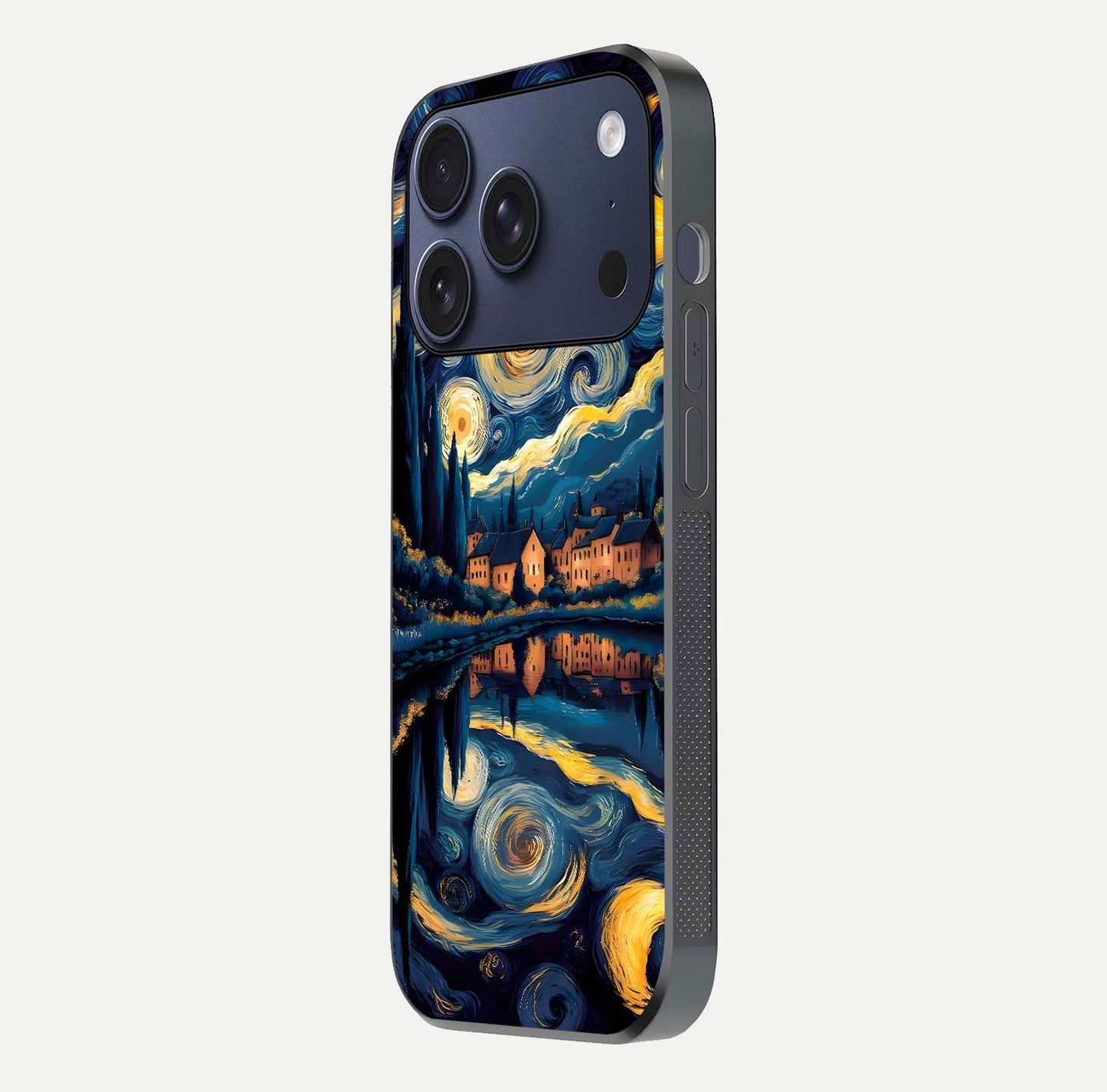 Starry Sky Serenity Glass Case for iPhone 17 Pro side-angle image showing reflection and night-sky detail