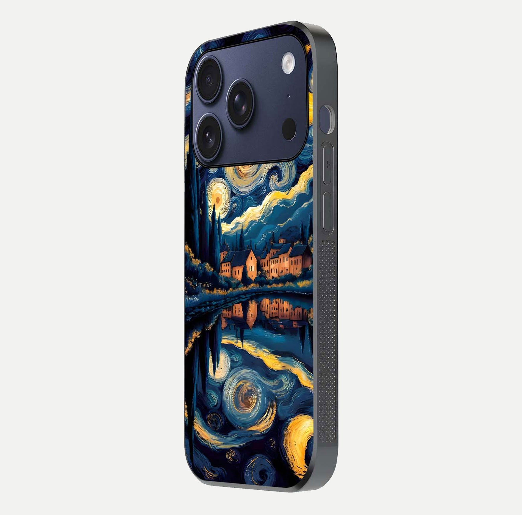 Starry Sky Serenity Glass Case for iPhone 17 Pro side-angle image showing reflection and night-sky detail