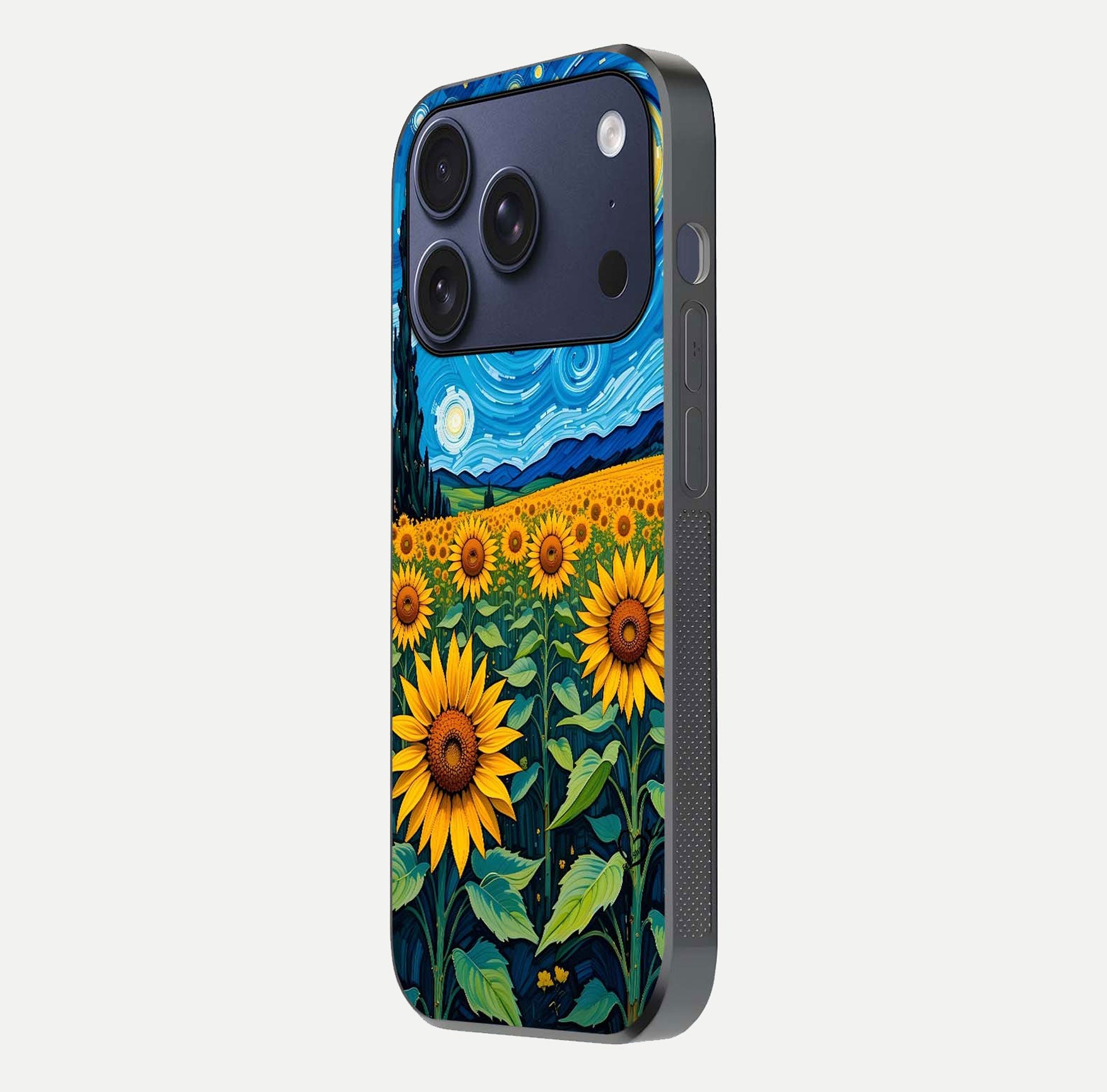 Starry Sunflower Dreams Glass Case for iPhone 16 Pro side-angle image showing reflection, stars, and yellow tone