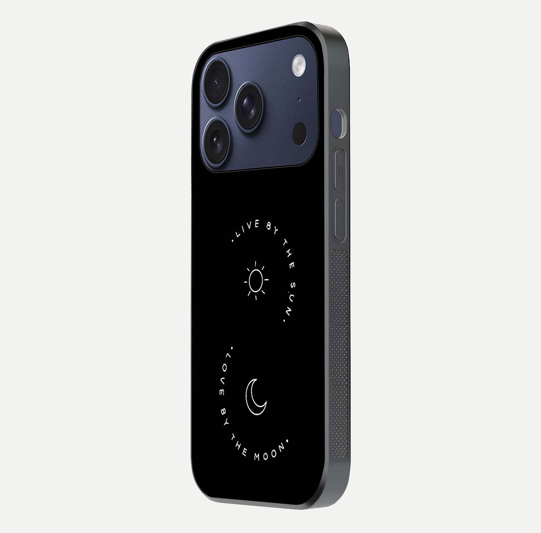 Sun Moon Balance Glass Case for iPhone 17 Pro side-angle image showing reflection and celestial detailing