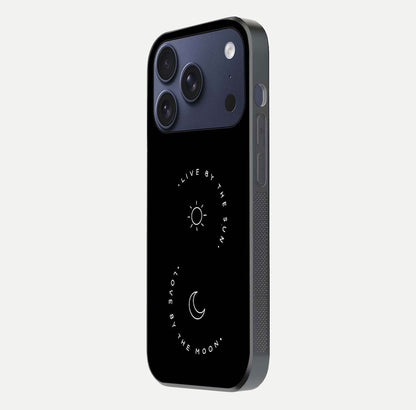 Sun Moon Balance Glass Case for iPhone 17 Pro side-angle image showing reflection and celestial detailing