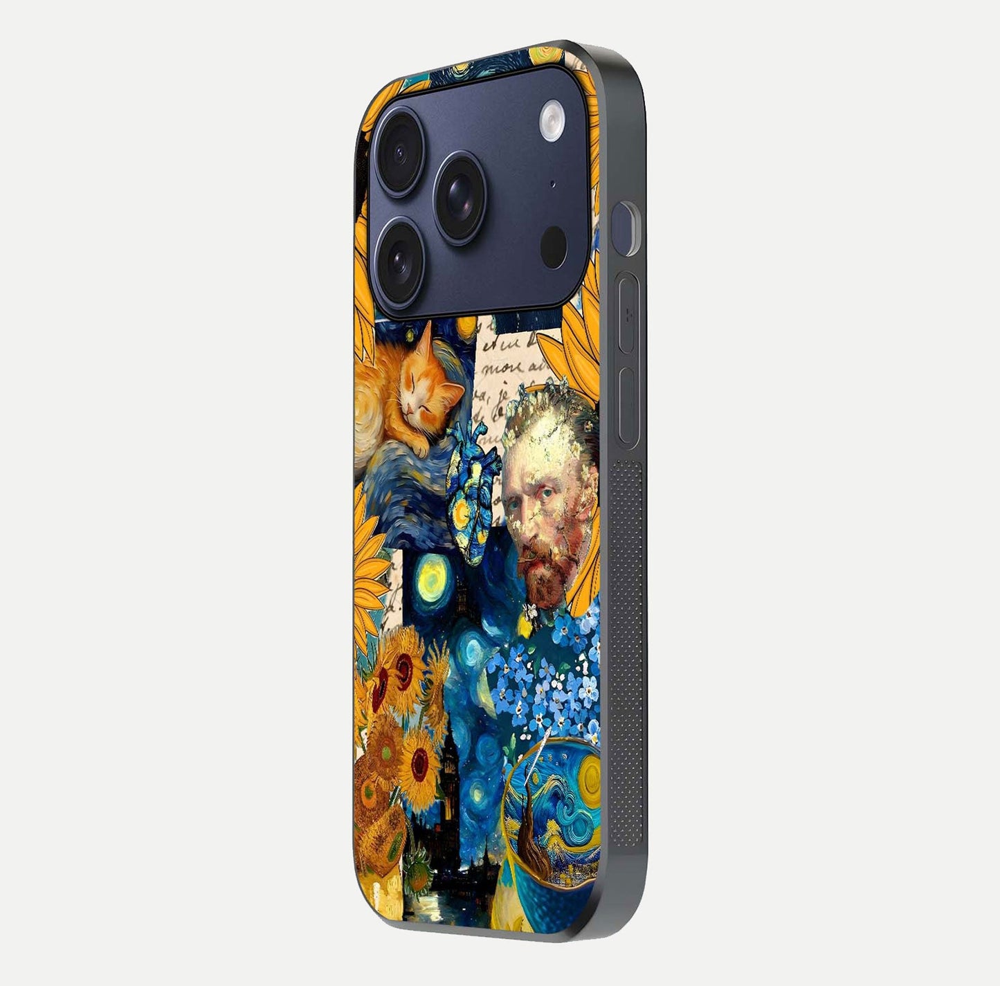 Sunflower Cat Art Glass Case for iPhone 17 Pro side-angle image showing shine, edges, and sunflower texture