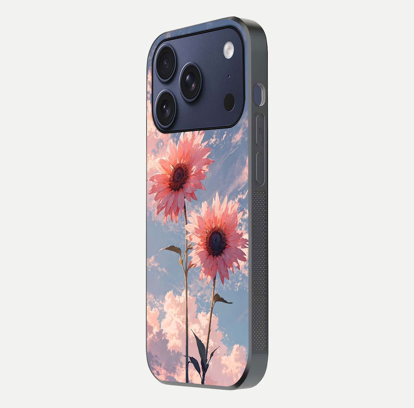 Sunlit Daisy Glow Glass Case for iPhone 17 Pro side-angle image showing shine, gloss, and floral highlight
