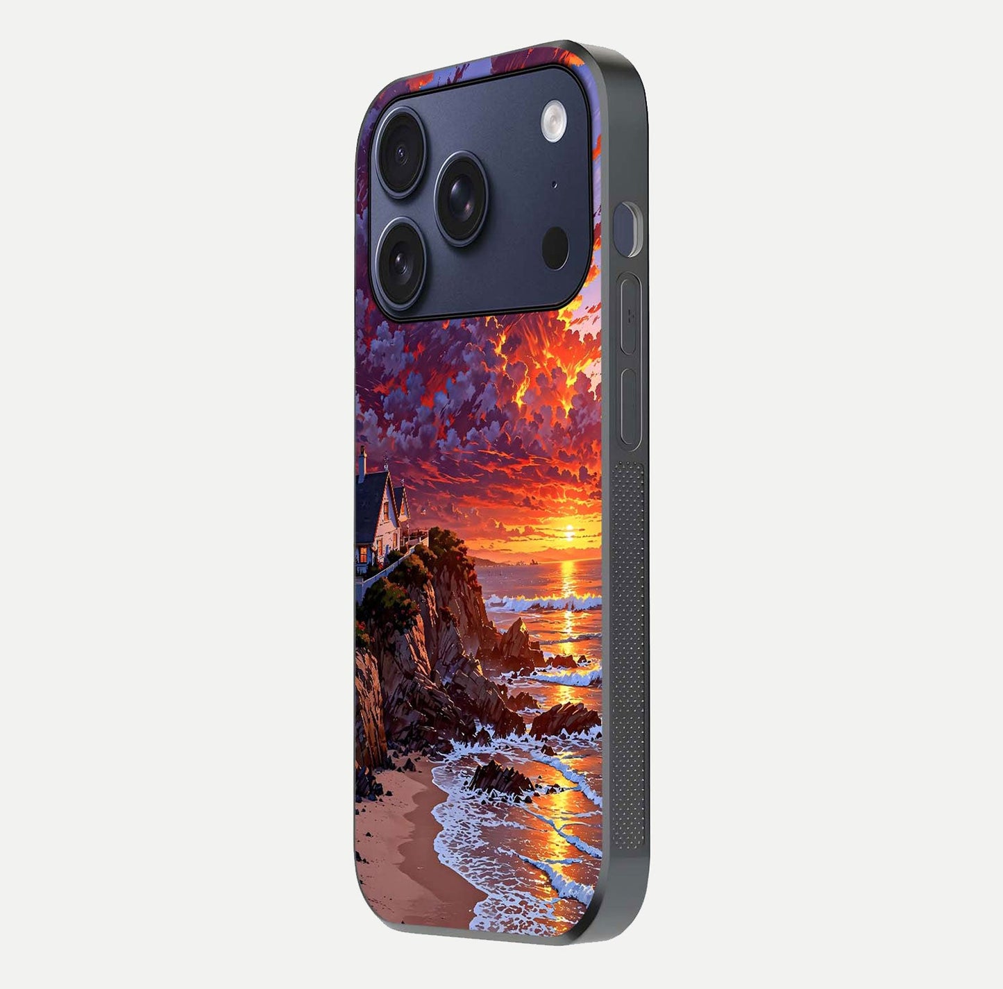 Sunset House by Sea Glass Case for iPhone 17 Pro side-angle image showing reflection and seaside color tone