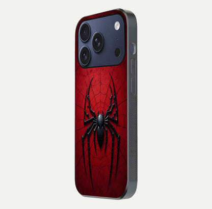 Venom Web Emblem Glass Case for iPhone 17 Pro side-angle image showing reflection and dark color tones