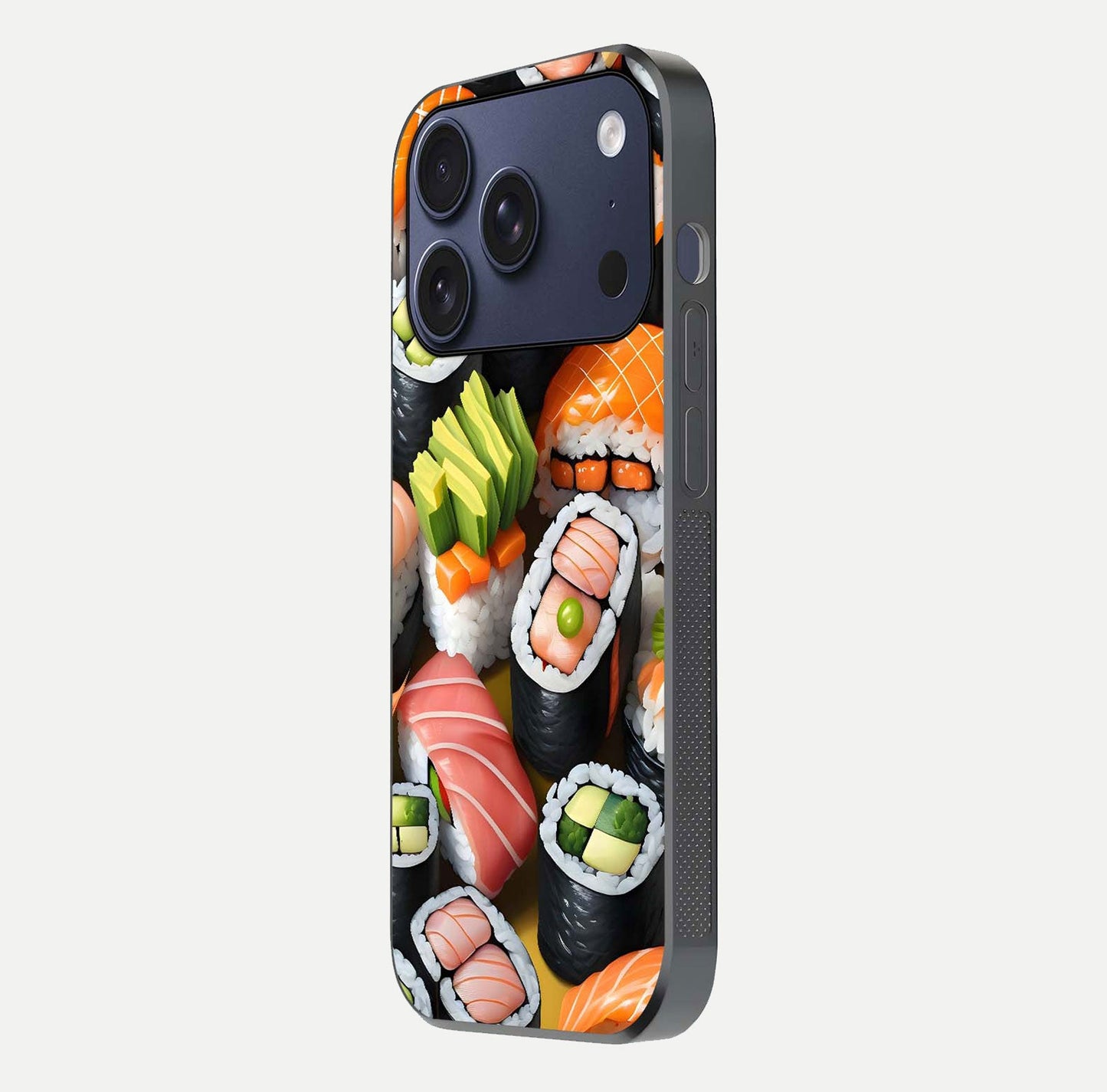 Sushi Food Pattern Glass Case for iPhone 17 Pro side-angle image showing shine, gloss, and sushi artwork