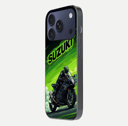 Suzuki Speed Beast Glass Case for iPhone 17 Pro side-angle image showing reflection, gloss, and car detailing