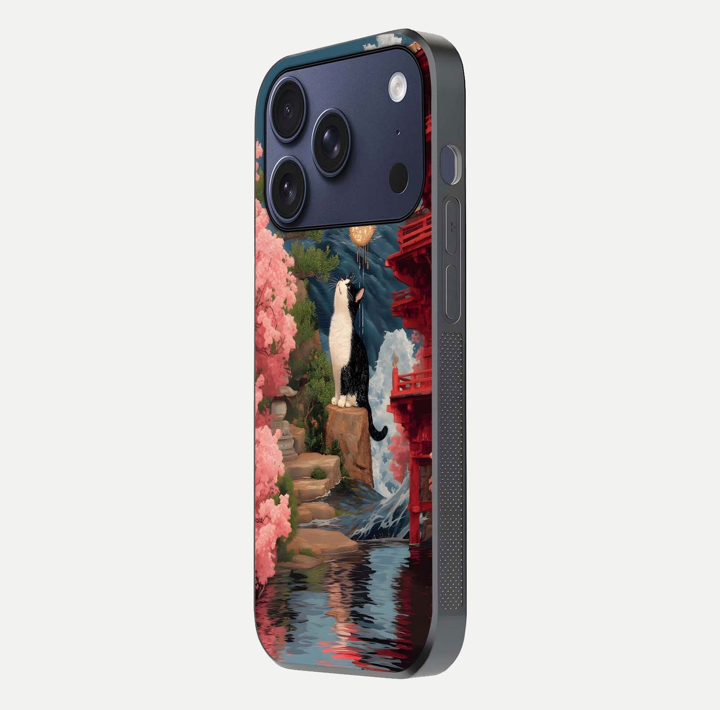 Temple Cat Scenery Glass Case for iPhone 17 Pro side-angle image showing shine and printed temple pattern