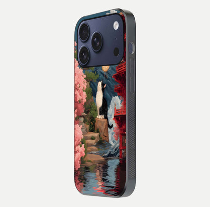 Temple Cat Scenery Glass Case for iPhone 17 Pro side-angle image showing shine and printed temple pattern