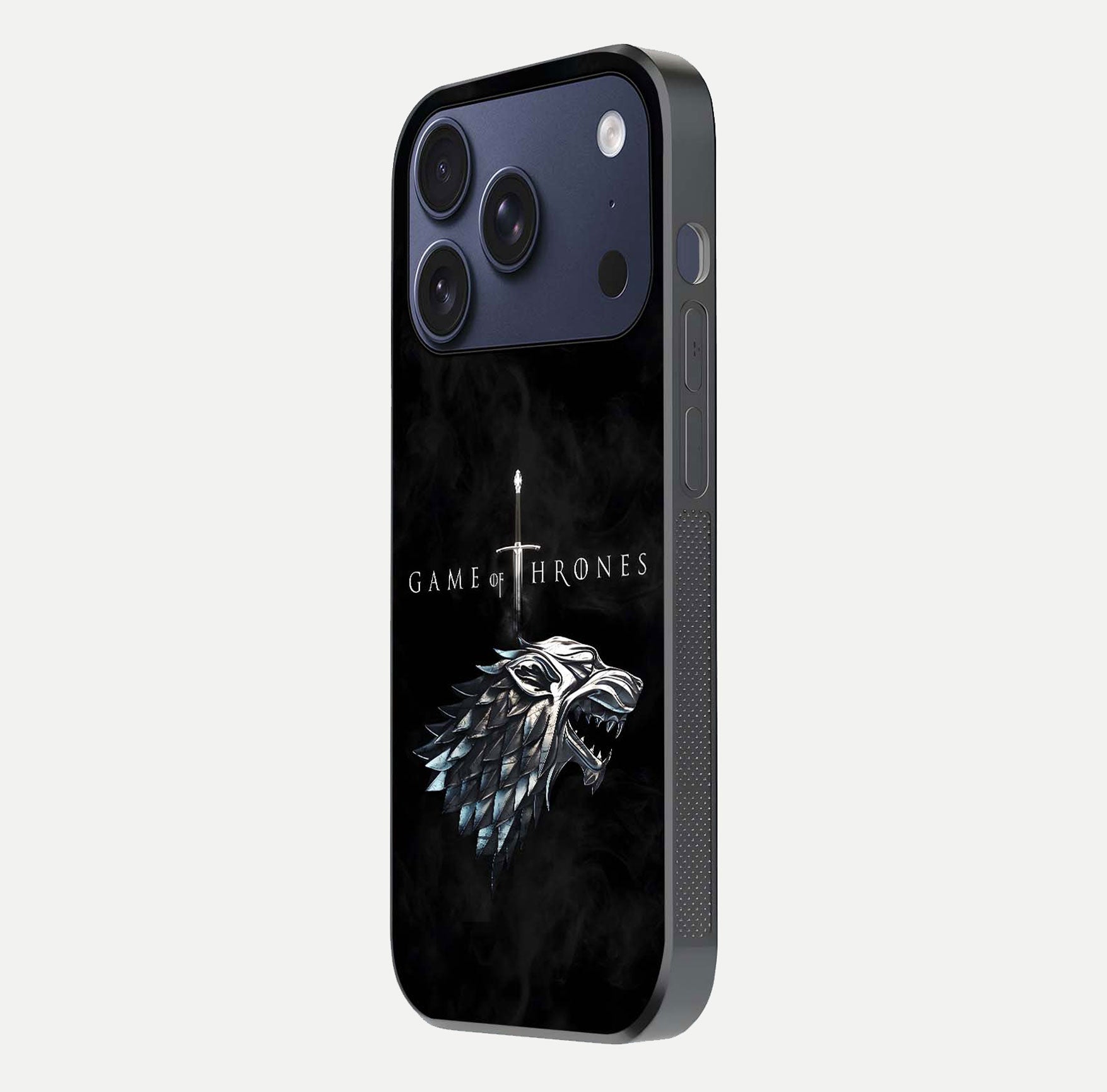Throne Wolf Legacy Glass Case for iPhone 17 Pro side-angle image showing gloss, texture, and HD print