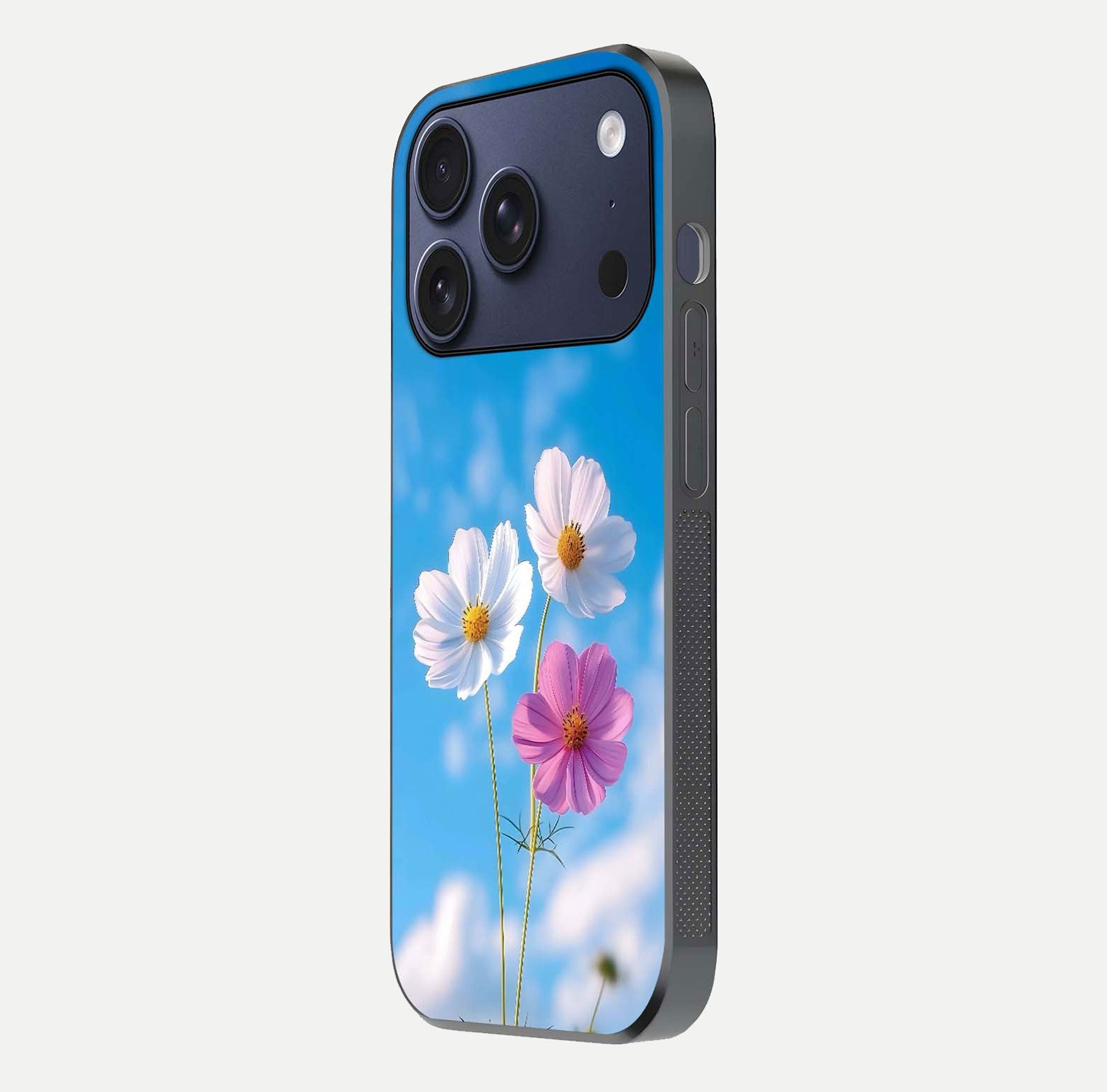 Triple Flowers With Sky Glass Case for iPhone 17 Pro side-angle image showing gloss, texture, and floral design