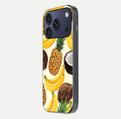 Tropical Fruit Mood Glass Case for iPhone 17 Pro side-angle image showing reflection, gloss, and fruit details