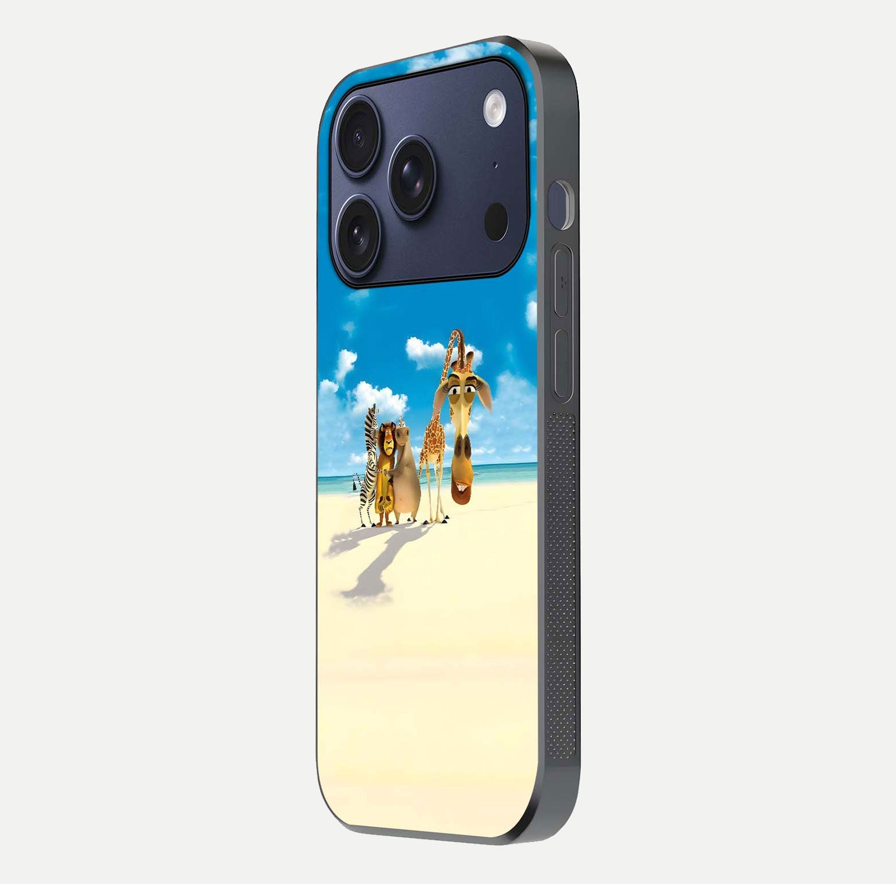 Tropical Fun Squad Glass Case for iPhone 16 Pro side-angle image showing shine, color depth, and surface gloss