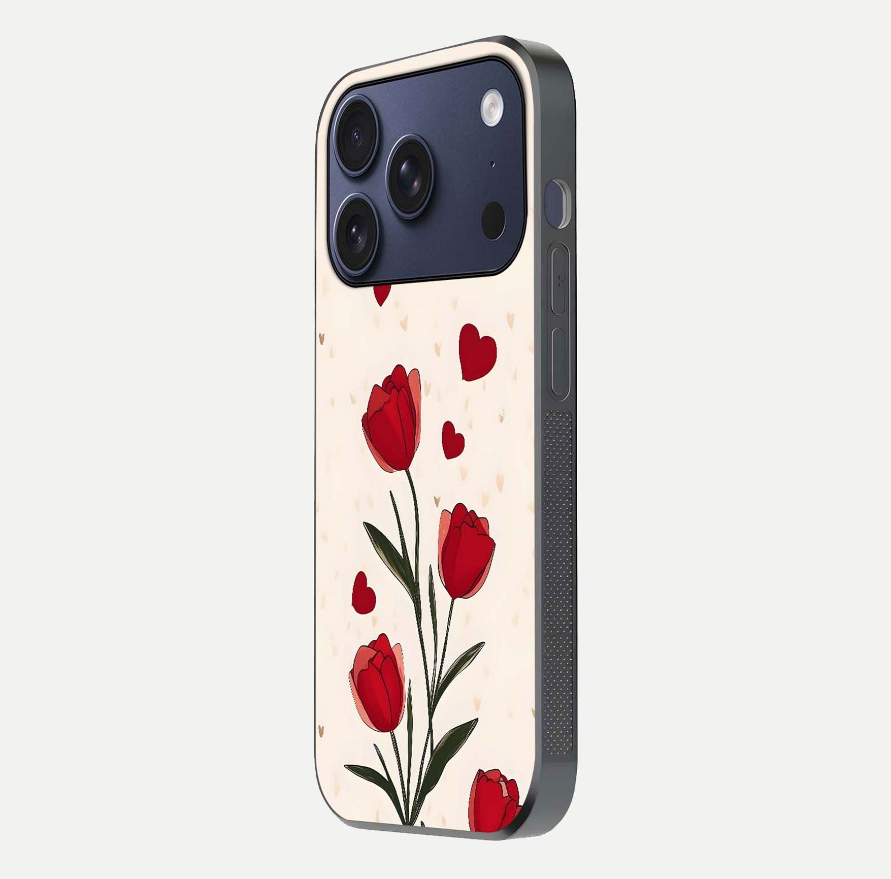Tulip With Heart Glass Case for iPhone 16 Pro side-angle image showing floral reflection and subtle gradient