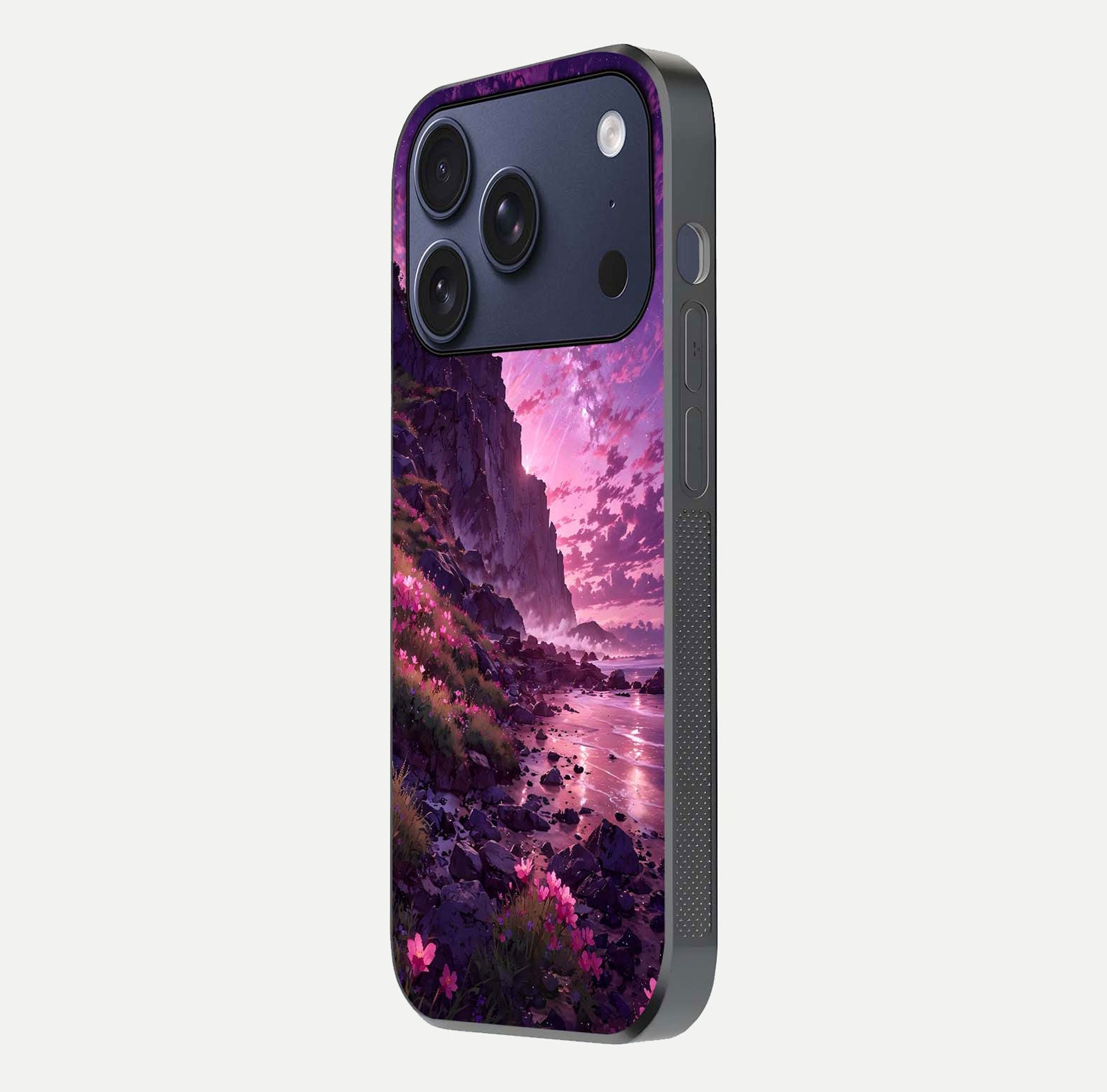 Twilight Blossom Coast Glass Case for iPhone 17 Pro side-angle image showing shine, reflection, and petal tone