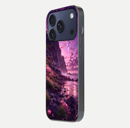 Twilight Blossom Coast Glass Case for iPhone 17 Pro side-angle image showing shine, reflection, and petal tone