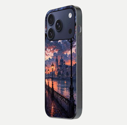 Twilight River Lights Glass Case for iPhone 16 Pro side-angle image showing reflections, lighting, and gradient tones