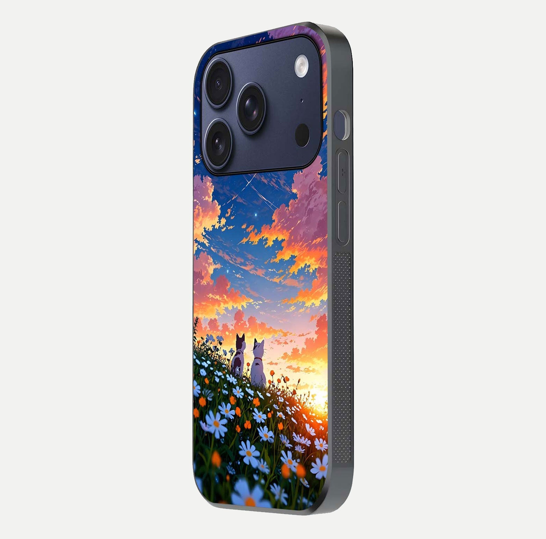 Two Cats Friends Glass Case for iPhone 17 Pro side-angle image showing reflection, gloss, and color depth