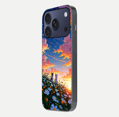 Two Cats Friends Glass Case for iPhone 17 Pro side-angle image showing reflection, gloss, and color depth