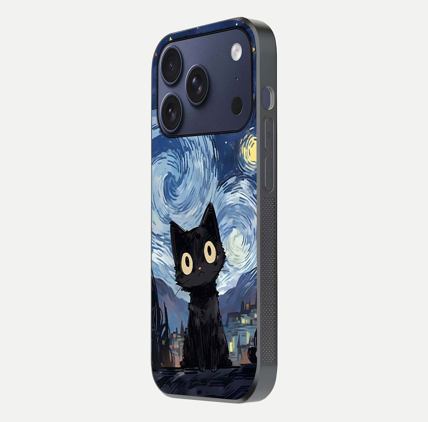Van Gogh Cat Glass Case for iPhone 16 Pro side-angle image showing light reflection and vivid artwork