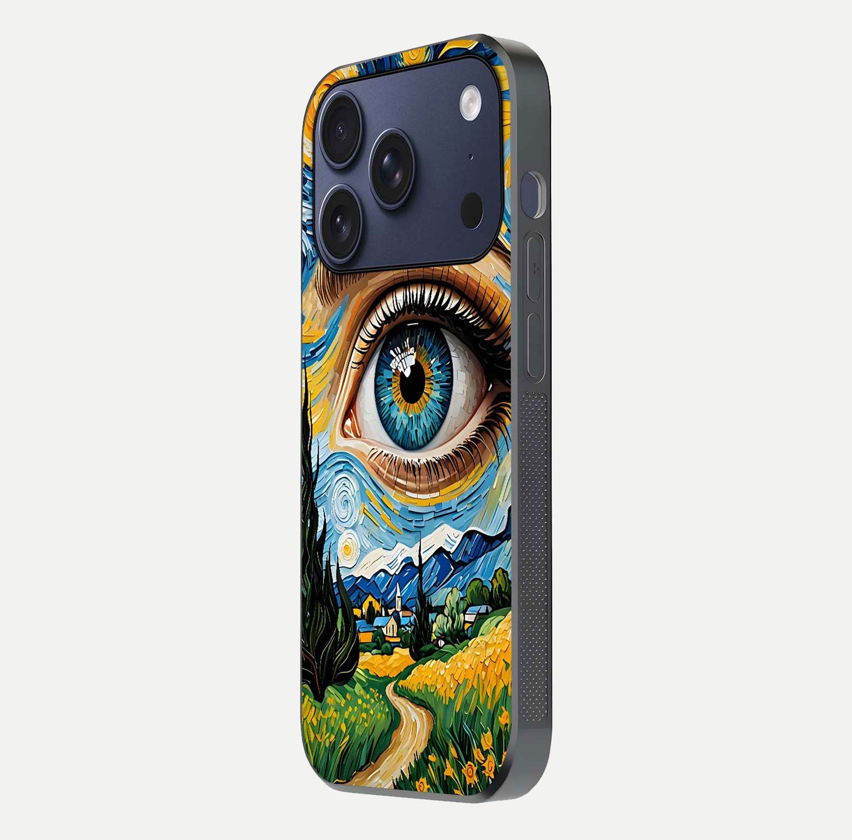 Van Gogh Eye Glass Case for iPhone 16 Pro side-angle image showing reflection, gloss, and artistic contrast