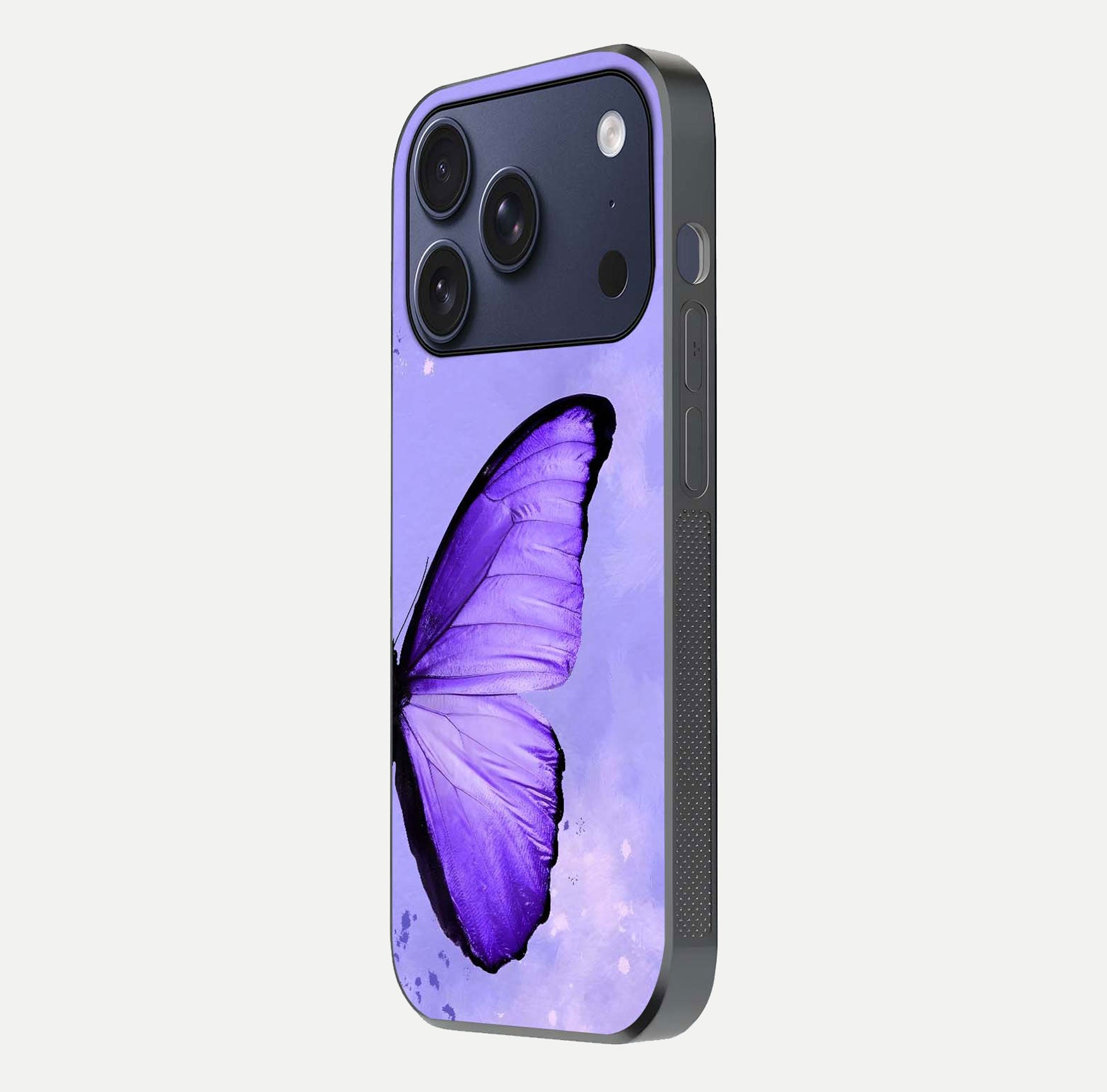 Violet Dream Wing Glass Case for iPhone 17 Pro side-angle image showing gloss, shine, and violet gradient
