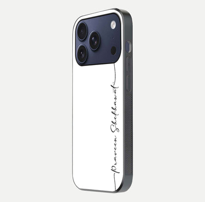 White Tune Custom Name Glass Case for iPhone 17 Pro side-angle image showing shine, gloss, and minimal tone