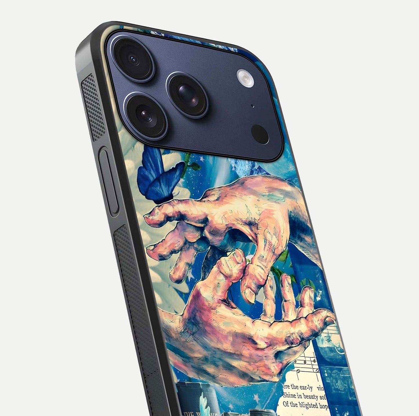 Aesthetic Divider Glass Case for iPhone 16 Pro close-up angled shot showing detailed divider artwork and gloss reflection