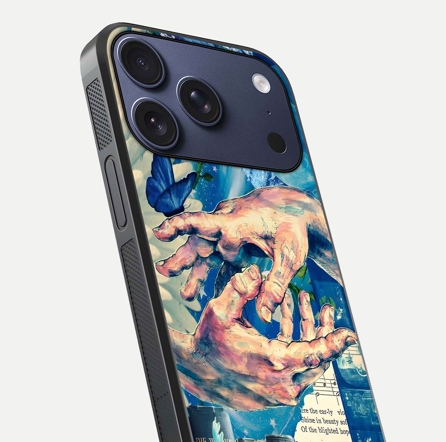 Aesthetic Divider Glass Case for iPhone 16 Pro close-up angled shot showing detailed divider artwork and gloss reflection