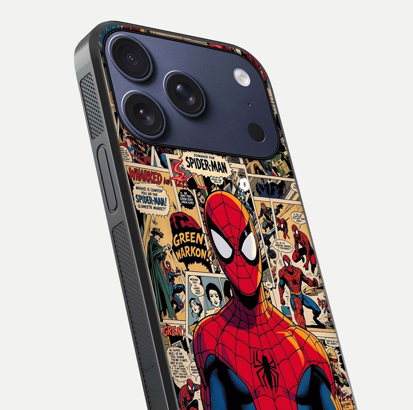 Aesthetic Spider Man Glass Case for iPhone 16 Pro close-up angled shot showing detailed Spider-Man artwork and gloss reflection