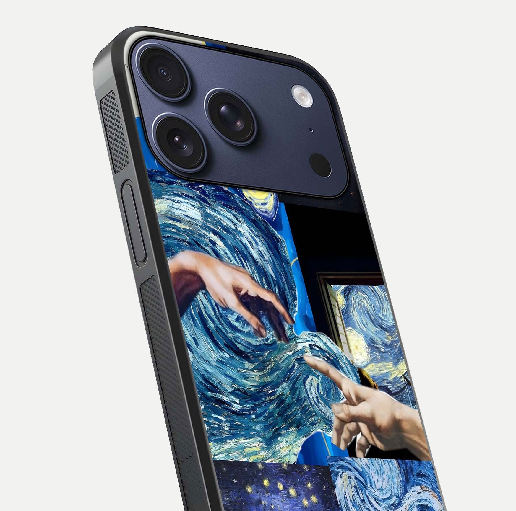 Aesthetic Vando Hands Glass Case for iPhone 16 Pro close-up angle showing fine detailing of hand artwork and glass reflection