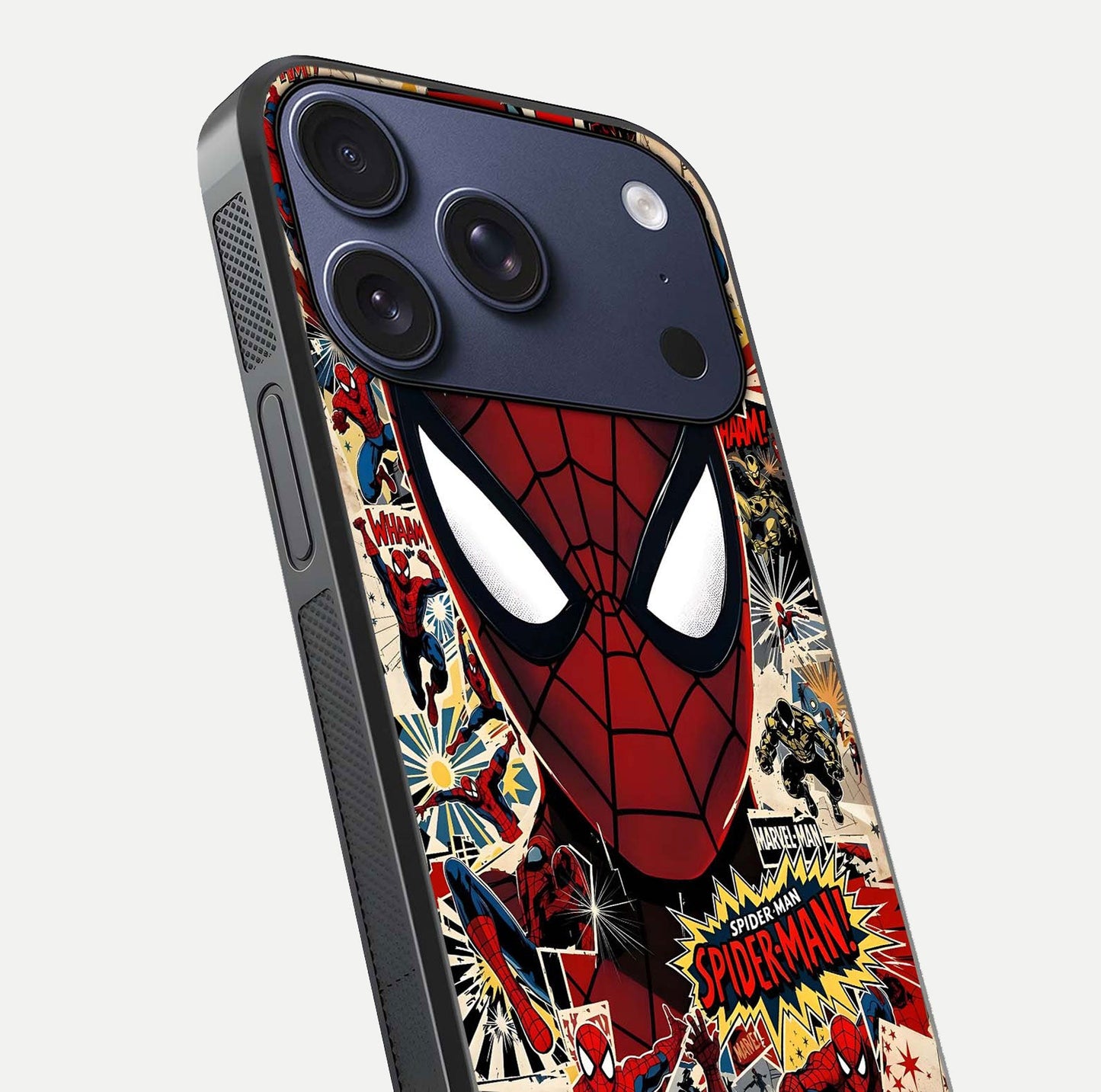 Aesthetic Wonder Spider Glass Case for iPhone 16 Pro angled close-up highlighting spider web detail and vibrant color gloss