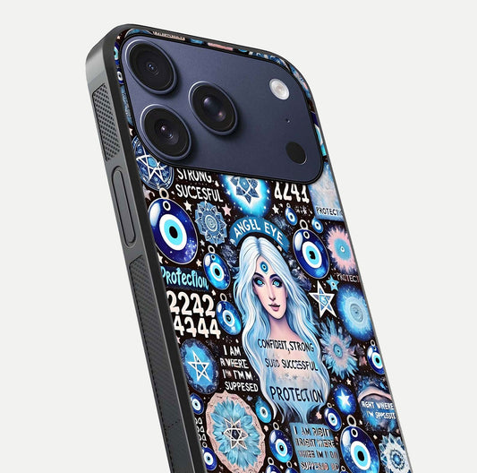 Angel Aura Shield Glass Case for iPhone 17 Pro close-up view capturing aura glow, metallic tones, and shine texture