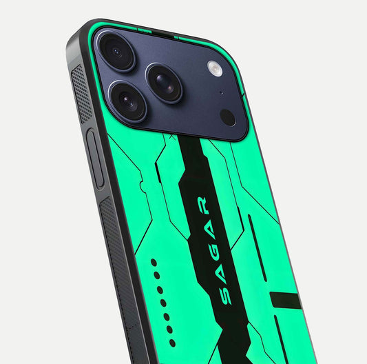 Aqua Tech CYBERPUNK Custom Name Glass Case for iPhone 17 Pro close-up angle showing futuristic blue lights and reflections