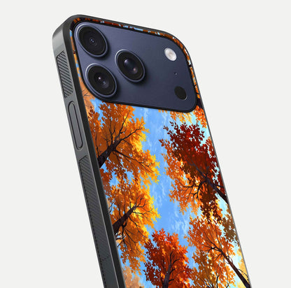 Autumn Sky Rise Glass Case for iPhone 16 Pro close-up shot of autumn tone details and HD shine reflection