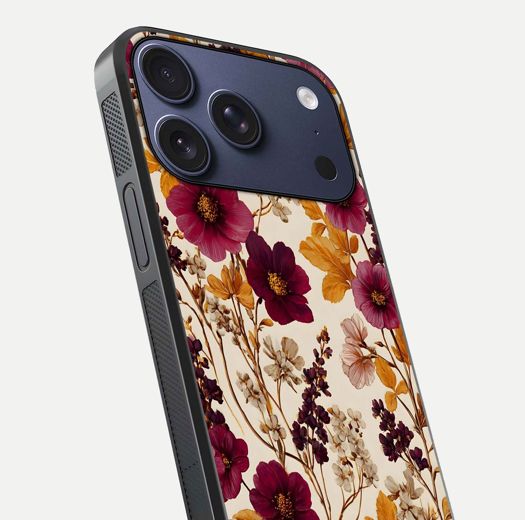 Autumn Wine Bloom Glass Case for iPhone 16 Pro close-up highlighting petal detail and gloss reflection