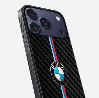 BMW Pattern Glass Case for iPhone 17 Pro close-up angle showing BMW logo detailing and high-reflect gloss texture