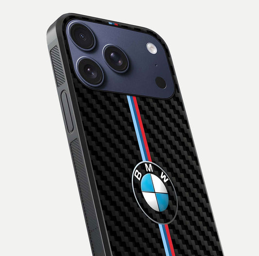 BMW Pattern Glass Case for iPhone 17 Pro close-up angle showing BMW logo detailing and high-reflect gloss texture